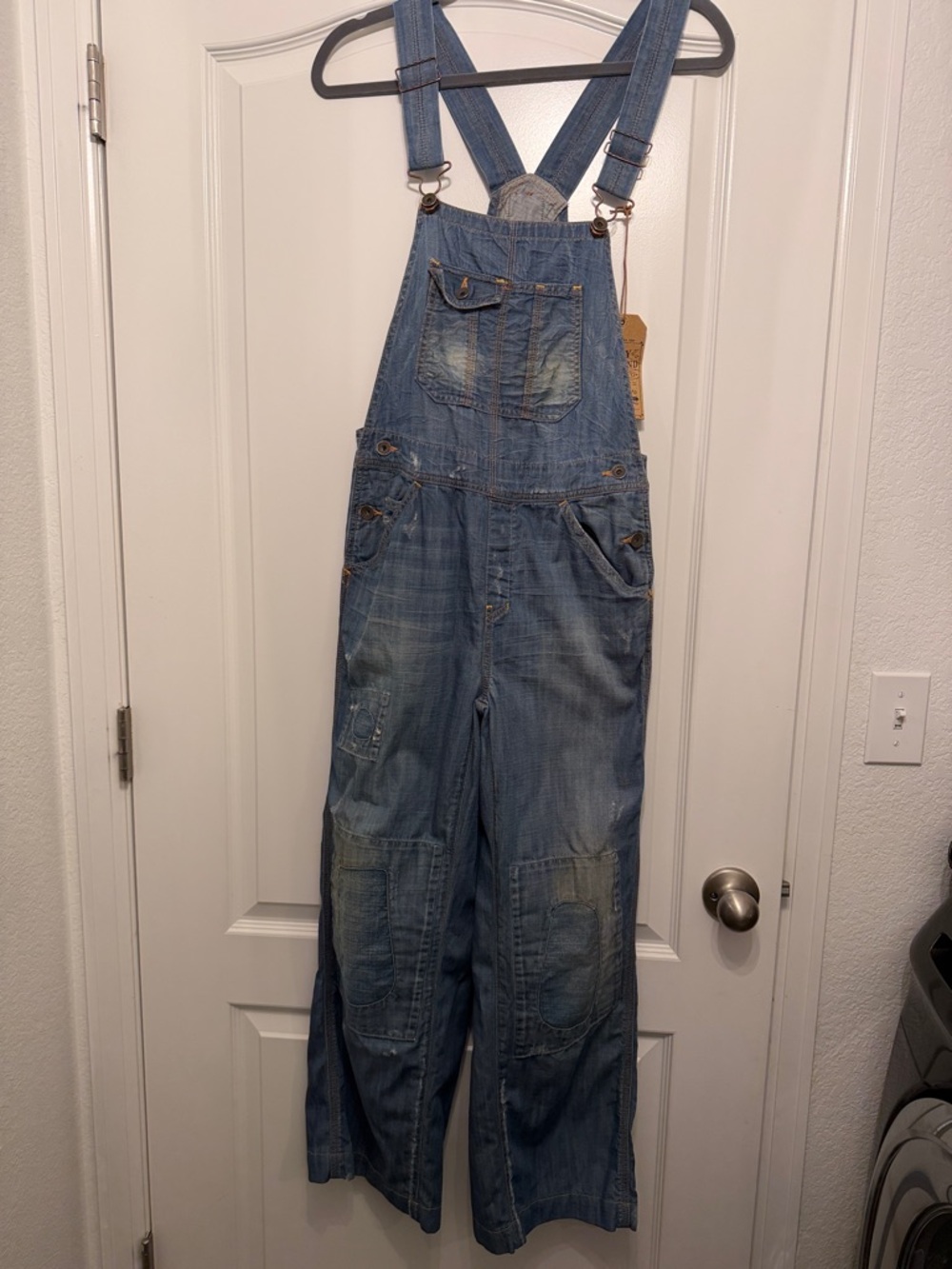Lucky Brand Faded Distressed & Patched Blue Denim Relaxed Overalls